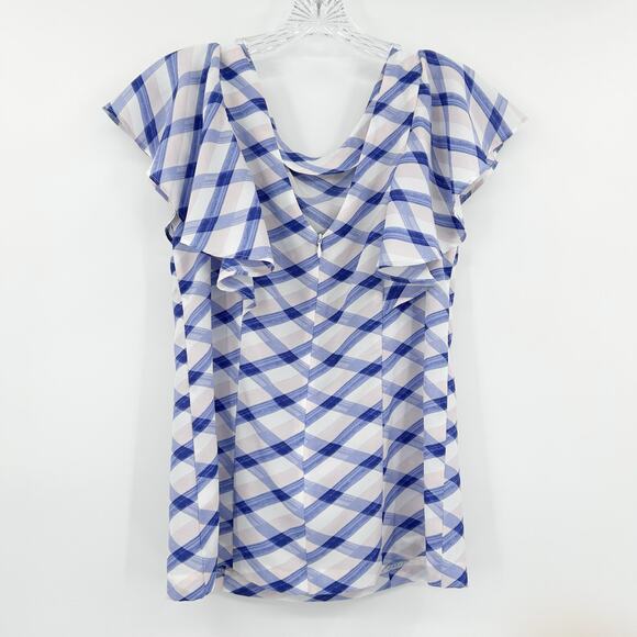 Banana Republic Blue and White Checkered Ruffle Sleeve Top Career Womens Size 6 - Picture 8 of 11